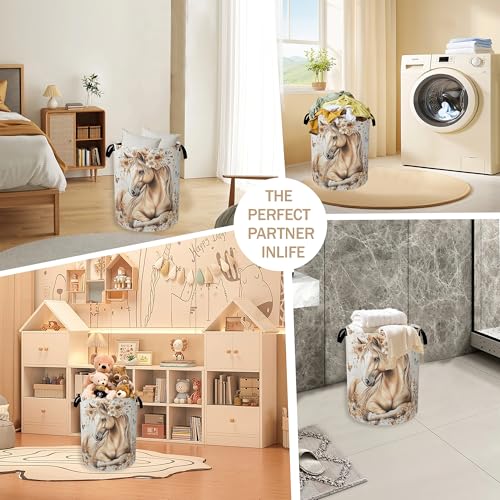 Image of Horse Laundry Basket,Gold Flower Butterfly Clothes Hamper,Oxford Cloth Collapsible Nursery Hamper Storage Organization for Bedroom,Bathroom,Office,College Dorms,16x20 Inch