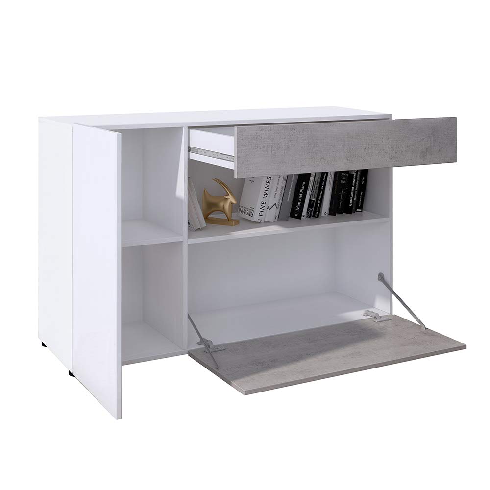 Credenza Moderna Madia Mobile Contenitore In Melaminico Con 2 Ante 1 Cassetto E Ripiani Interni Design Minimal Senza Maniglie Soggiorno Salotto Ingresso 130 x 81 x 41 Cm Bianco E Grigio Cemento