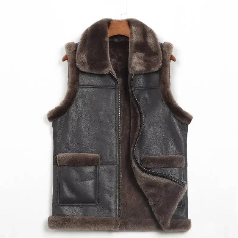 Kelsiop Men's Winter Vest Real Leather Coat Thick Warm Jacket2