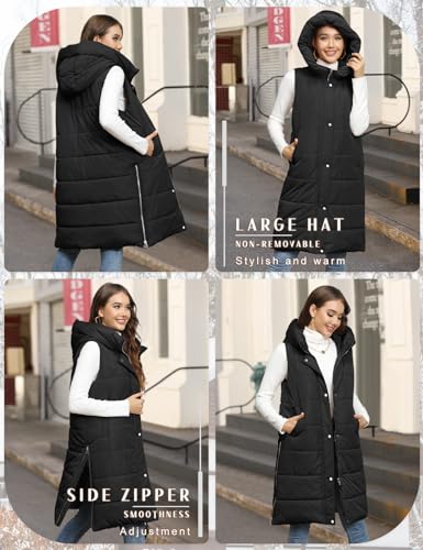 Long Puffer Vest Women Quilted Hooded Vest Zip Up Sleeveless Vests Outerwear Padded Jacket Warm Winter Coat 20252