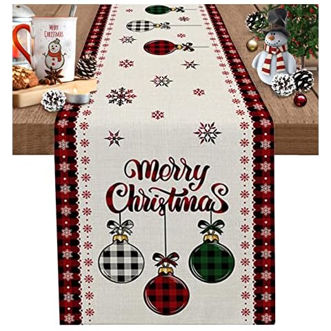 Christmas Table Runner 72 Inch Xmas Ball Buffalo Plaid Holiday Table Runners for Christmas Non-Slip Black Green Plaid Snowflake Dinner Runner Party Decorations Cover