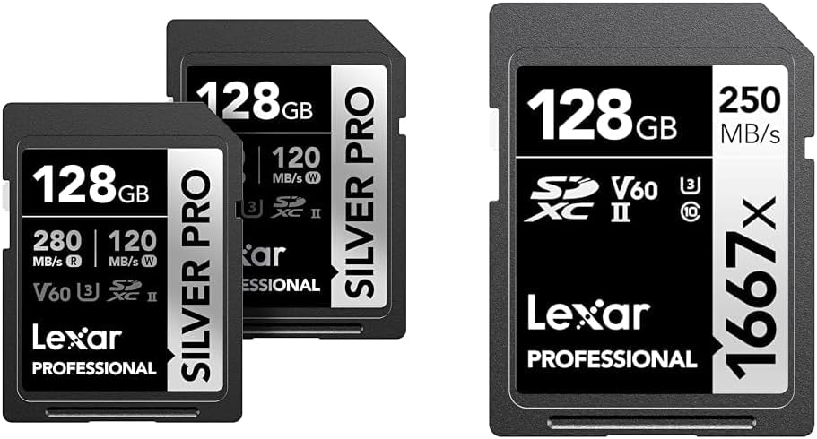 Lexar 128GB 2-Pack Professional Silver PRO SDXC UHS-II Memory Card Up to 280MB/s Read and 128GB Professional 1667x SDXC UHS-II Memory Card Up to 250MB/s Read Bundle