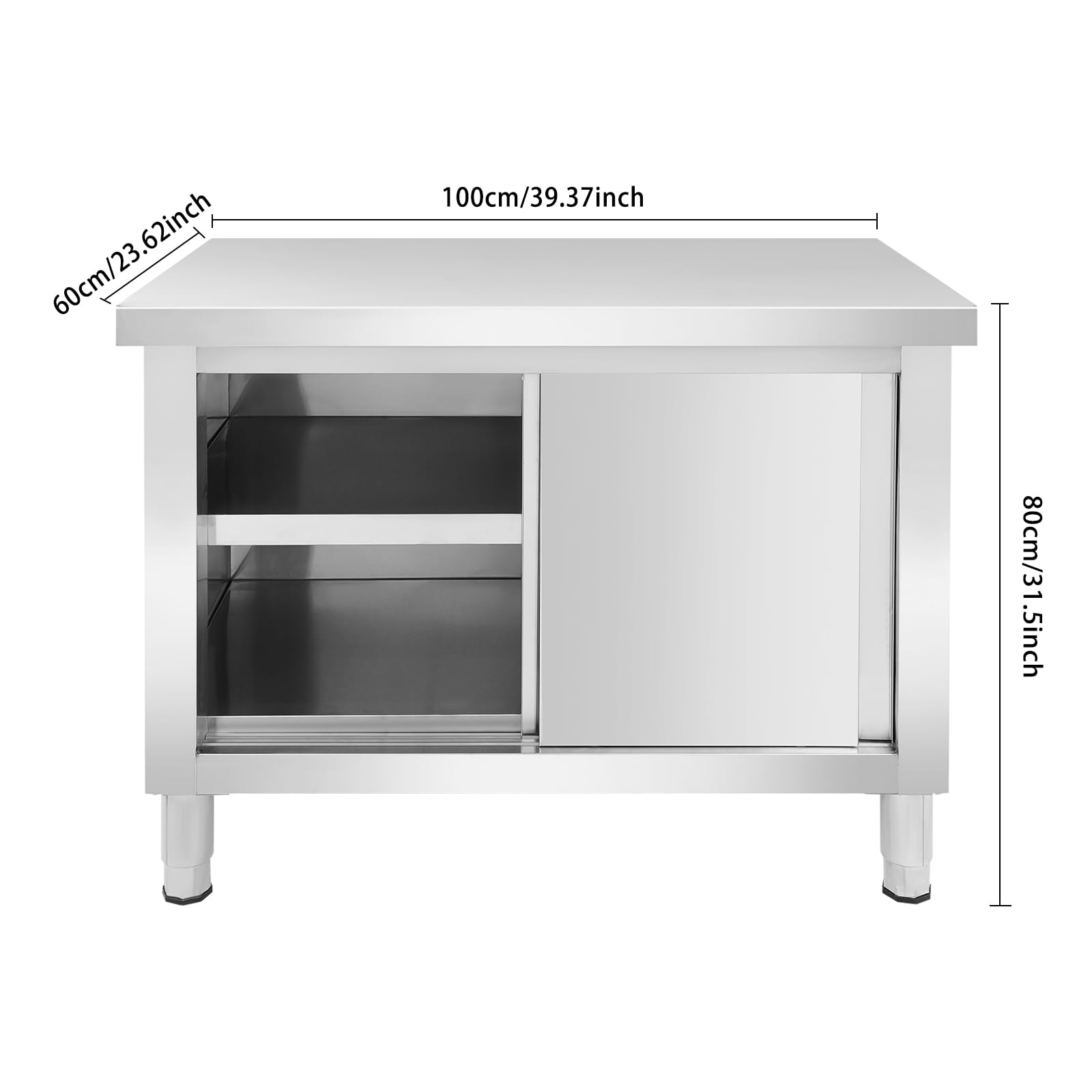 Edelstahl Schrank mit Schiebetüren, Outdoor Küche Edelstahl Tisch Gastro, Freistehender Arbeitsschrank Küchenarbeitstisch für Restaurant, Garage und Küche (100 * 60 * 80cm)