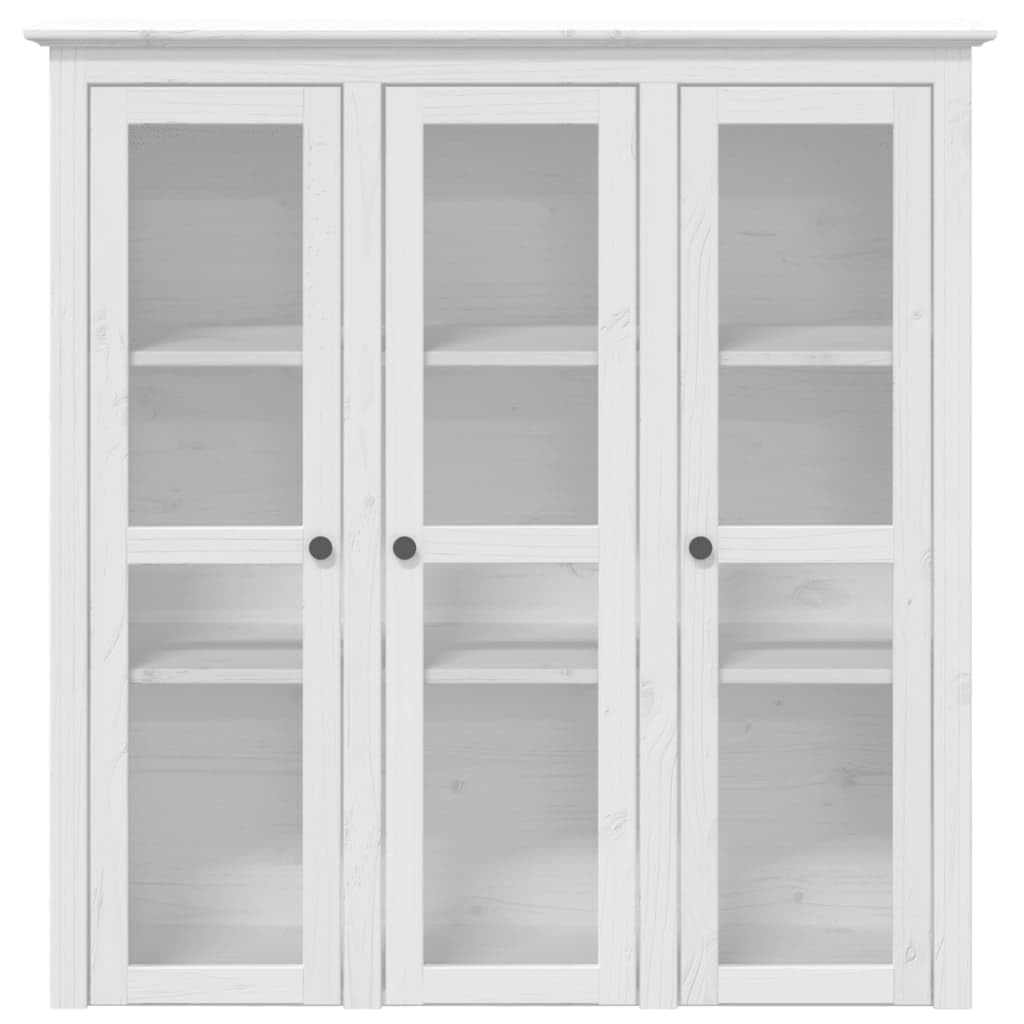 Armario de vitrina BODO con puerta de cristal de madera maciza de pino en blanco, uso versátil como accesorio para aparador o cómoda, con asas de metal y muchos estantes