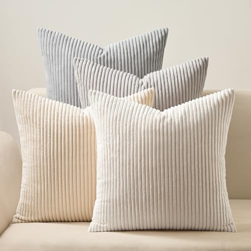 Image of Topfinel 4 Packs Neutral Decorative Throw Pillows Covers 26x26 Inch for Living Room Couch Bed Sofa, Rustic Farmhouse Boho Neutral Home Decor, Soft Plush Striped Corduroy Square Cushion Case 65x65 cm