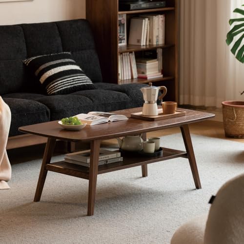100% Solid Wood Coffee Table for Living Room, Mid Century Modern Small Tables with Shelf Storage, Storage Coffee Table with Rounded Corners (Oak Wood Walnut Color, 47.24' L)