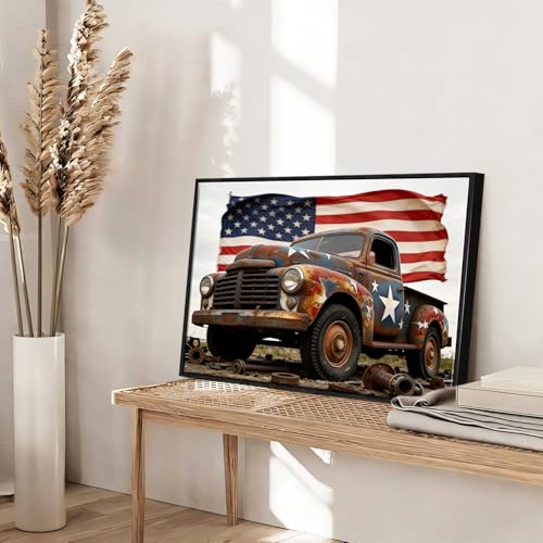 Image of American Flag Framed Canvas Wall Art, 4th of July Canvas Prints, USA Flag with Truck Patriotic Decorations, Vintage Independence Day Wall Decor for Bedroom Living Room Dining Room Office 24x32