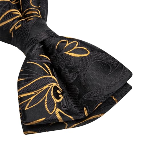 Image of Hi-Tie Black Gold Floral Bow Ties for Men Pocket Square Lapel Pins Cufflinks Mens Bowtie Sets for Wedding Formal Party