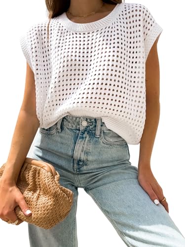 Image of Womens Summer Crochet Tops Hollow Out Cap Sleeve Cover Up Tank Top Pullover Sweater Vest Beach Vacation Clothes