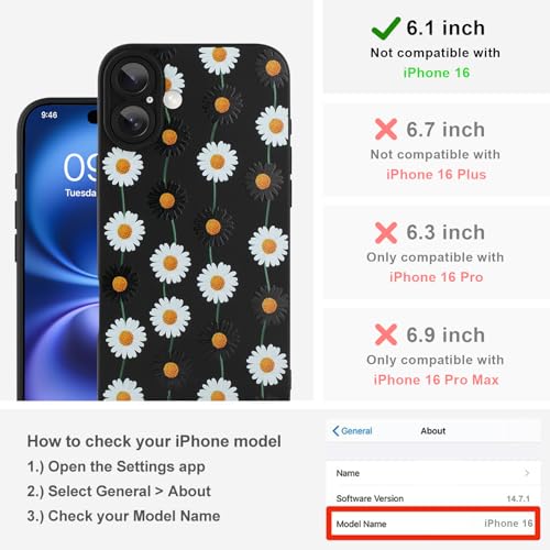 Image of Designed for iPhone 16 Case, Cute Daisy Flower Floral Pattern Design, Slim Soft TPU Liquid Silicone Protective Cover for Women Girls - Black