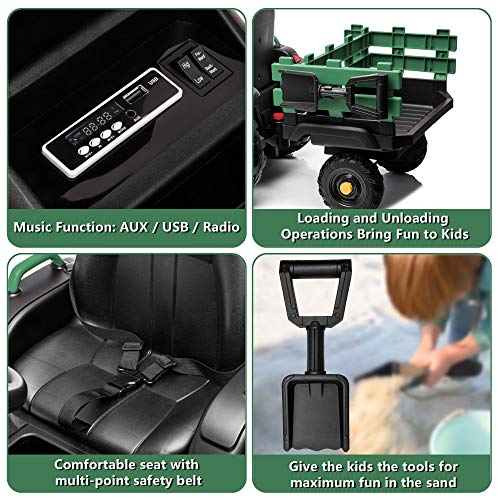 VALUE BOX Extra Larger 12V Ride on Tractor with Trailer, Battery Powered Electric Agricultural Vehicle Toy Car Ground Loader w/ 2 Speeds, Detachable Wagon, Shovel, LED Lights, MP3 player, Radio, Green
