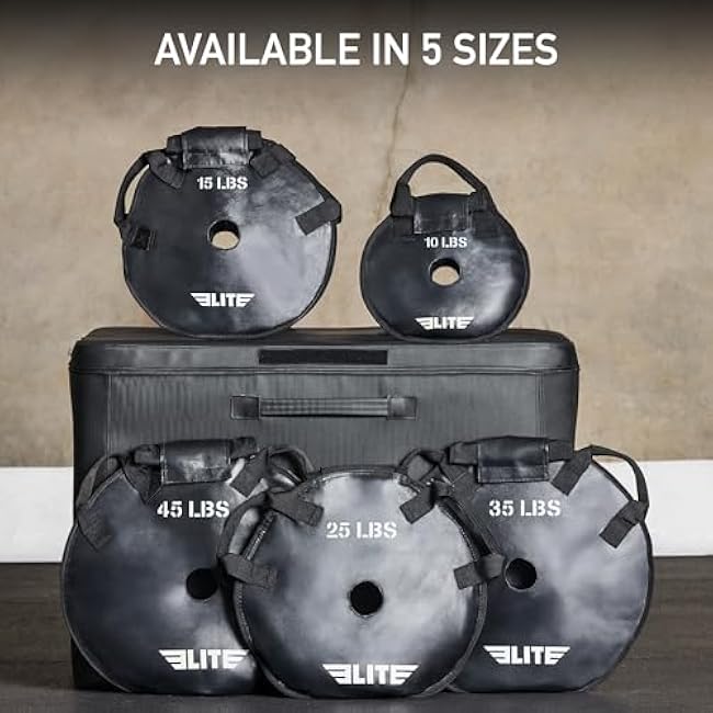 Elite Sports Workout Sand Plates (Set of 2) ¨C Fillable Weight Plates for Olympic Bars ¨C Drop-Proof, Waterproof TPU ¨C 10/15/25/35/45 LB Options ¨C Strength Training, CrossFit, Home Gym