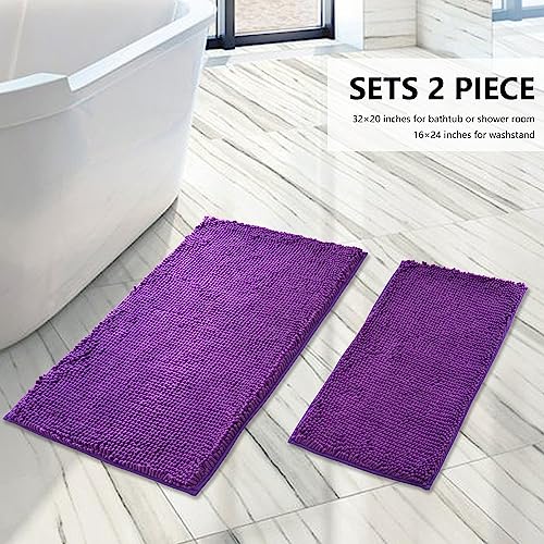 Image of Bathroom Rugs Sets 2 Piece, Extra Soft Chenille Bath Mat Ultra Absorbent Bathroom Rug, Bathroom Mat with Sturdy PVC Non-Slip Bottom, Machine Washable Bath Rugs (20x32 Inch + 16x24 Inch, Purple)