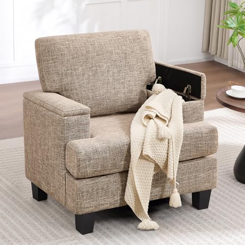 Image of Accent Chair for Living Room, Modern Upholstered Reading Chairs with Armrest Storage, Comfy Large Armchair, Fabric Single Sofa Chair for Bedroom (Yellowish Brown)