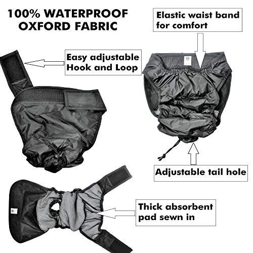 Image of Leak Proof Waterproof Cat Dog Diapers Female Washable Reusable Absorbent Pad Padding Lined for Small Medium Large Pets (L: Waist 18 inch - 22 inch, Pack of 2pcs Black)