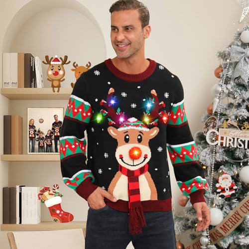 Ugly Christmas Sweater Women Men,Light Up Christmas Sweater For Couples,Funny Cute Reindeer Led Xmas Tacky Sweaters 2 Ugly Christmas Sweater Women Men