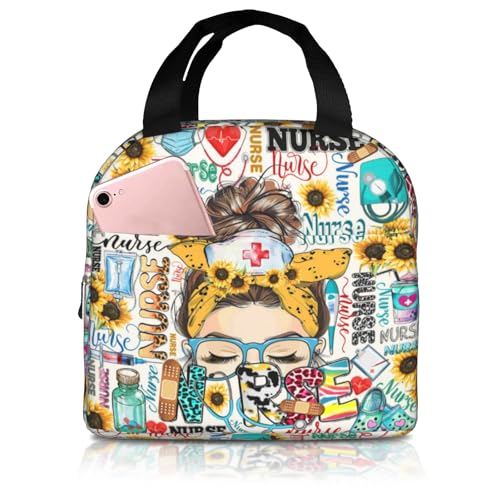 Nurse Lunch Bags For Women, Nurse Theme Lunch Bag For Women, Sunflower Woman Insulated Lunch Box Tote Bag Reusable Cooler Lunch Box For Nurse Gifts For Office Work Picnic Travel Camping