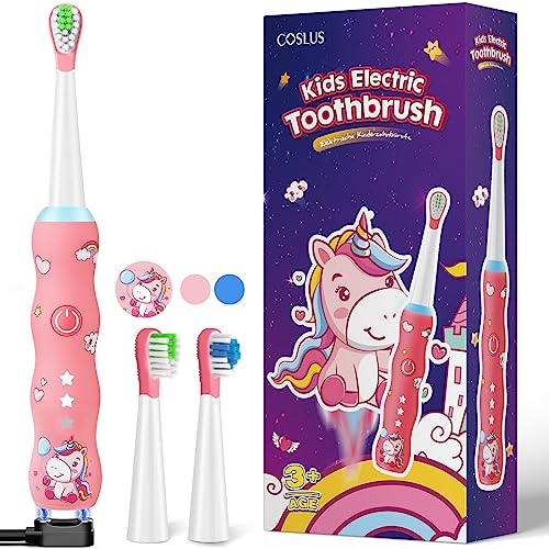 Kids Sonic Rechargeable Electric Toothbrush: Interactive Smart LED Light Toddler Silicone Tooth Brush with 3 Cleaning Modes 2 Minute Timer IPX7 Waterproof 2 Soft Bristles Heads for Boys Girls Ages 3+
