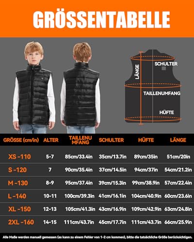 Beheizbare Weste Kinder mit Powerbank USB 5V 10000mAh - Heizweste für Jungen und Mädchen Mantel, Wiederaufladbare Warmende weste Beheizbare Kleidung zum Skifahren mit 3 Heizzone und 3 Stufen Temperatu