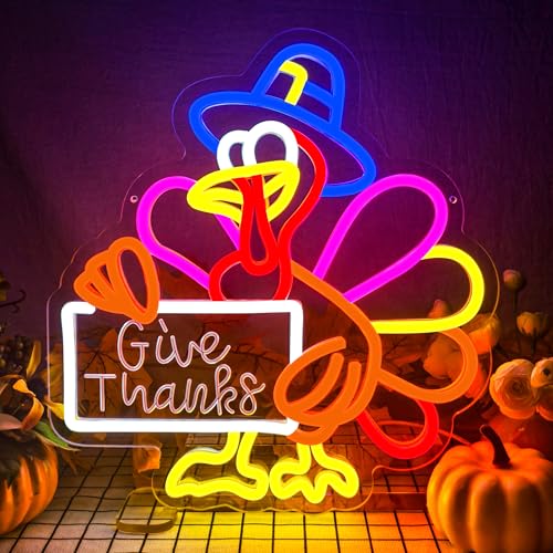 Image of Thanksgiving Neon Sign Thanksgiving Turkey Neon Sign Dimmable Turkey Neon Light for Wall Decor Give Thanks Sign for Home Bar Front Door Thanksgiving Decorations