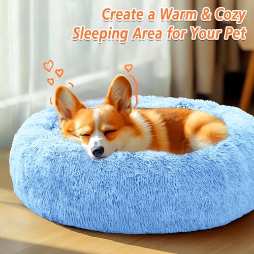 Image of RvPaws Pet Beds for Indoor, Dog Bed for Small & Puppy, Soft Fluffy Donut Cuddler Washable Round Pet Bed for Puppy and Kitten (Blue, 20 Inch, Small)