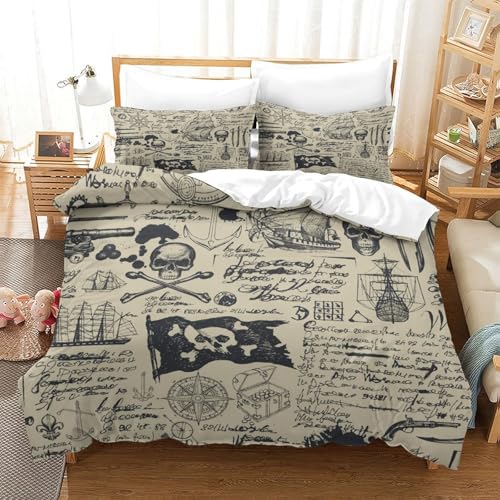 Estilo Vintage 3D Impreso Mapa Pirata Funda Nórdica Microfibra Decoración Dormitorio Tema Náutico Juego de Ropa de Cama para Adultos Jóvenes Suave Transpirable Single（140x200cm）