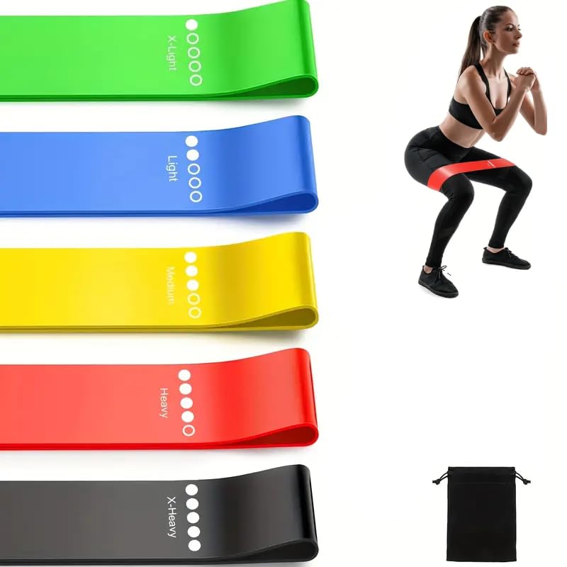 Set de 5 Bandas Elásticas de Resistencia para Musculación y Fitness con Bolsa de Almacenamiento - Bandas de Ejercicio para Entrenamiento, Estiramientos, Piernas, Glúteos - Multicolor