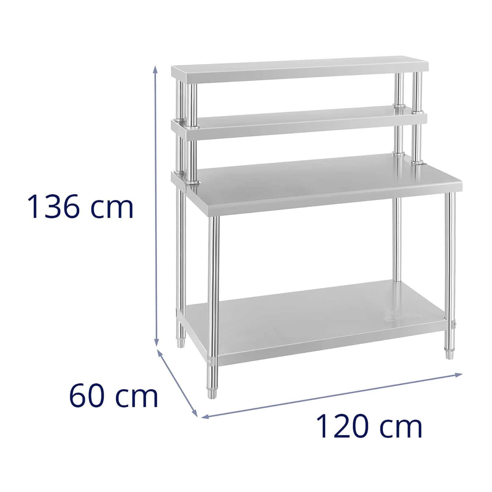 Royal Catering Professional Butcher Pro RCAT-120/60-H Stainless Steel Work Table with Shelf (Worktop 120 x 60 cm, Capacity 500 kg, Stainless Steel, Height Adjustable Legs)