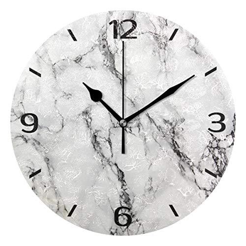 ALAZA Horloge Murale Ronde silencieuse en marbre Blanc sans tic-tac pour Salon, Cuisine, Chambre à Coucher, Bureau décoratif avec Support de Bureau 25 cm, Plastique, Marbré 024, 25cm Round