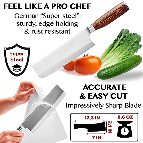 Vegetable Knife - Japanese Chef Knife - Usuba - Sharp Knife - Kitchen Knife - Stainless Steel High Carbon Pro Chef Knife - 7Inch Dicing Mincing Veg Knife - Best Gift in Stylish Gift Box