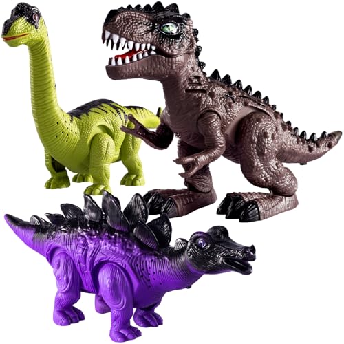 TEMI 3 Pack Electrical Walking Dinosaur Toys for Toddlers 3-4 3-5 Years with Sound and Light Up, Toddler Robot Dinosaur, Brachiosaurus, Stegosaurus Dinosaur Figures for Kids