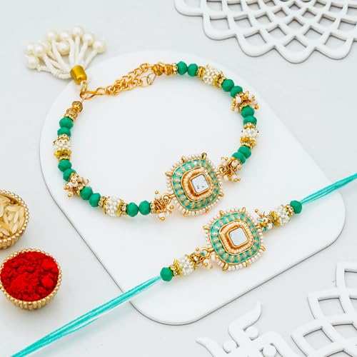 Image of eCraftIndia Green & White Beads Designer Kundan Rakhis for Brother and Bhabhi | Bhaiya Bhabhi Rakhi Set of 2 | Lumba Rakhi | Best Bro Ever Fridge Magnet | Roli Chawal Pack