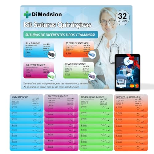 Kit suturas quirúrgicas DiMedsion |32 Hilos de de sutura de Nylon, Seda, Polipropileno y Poliester con medidas 2/0, 3/0, 4/0 y 5/0 para kit de sutura, Kit sutura estudiantes, enfermeria (32 unidades)