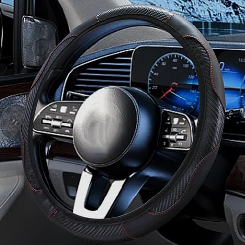 Universal Stretchable Steering Wheel Cover Premium Leather & Carbon Fibre Style Anti-Slip Breathable & Sweat-Resistant Fit 37-38cm/14.5-15inch Steering Wheel Steering Wheel Protector Cover Black