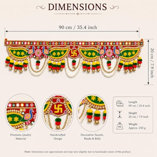 Image of ONESTA Handcrafted Designer Door Toran Bandhanwar with Peacock Swastik & Mirror Work | Traditional Main Door Hanging with Pearl Chains Bells & Pom Pom Tassels | Diwali Pooja Temple & Home Entrance Decoration 3 Feet 36 Inch Pack 01