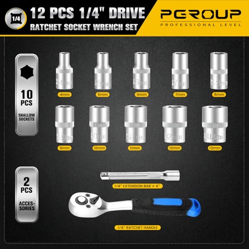 Image of 12PCS 1 /4 inch Drive Metric Socket Wrench Set, 90-Tooth Reversible Ratchet Handle,6 Point Shallow Sockets (4-13mm) and Extension Bar 4 inch, CR-V Steel, Tool Set For Car,Motorcycle,Bike Repair
