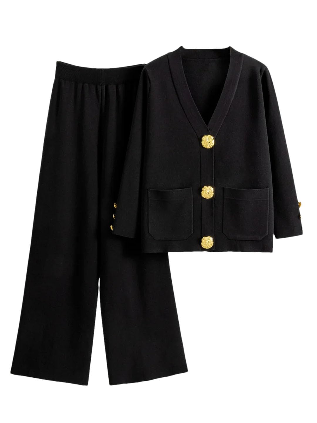 Set maglione lavorato a maglia da donna grandi bottoni dorati con scollo a V cardigan cappotti Conjunto a vita alta larghi pantaloni a gamba larga abiti
