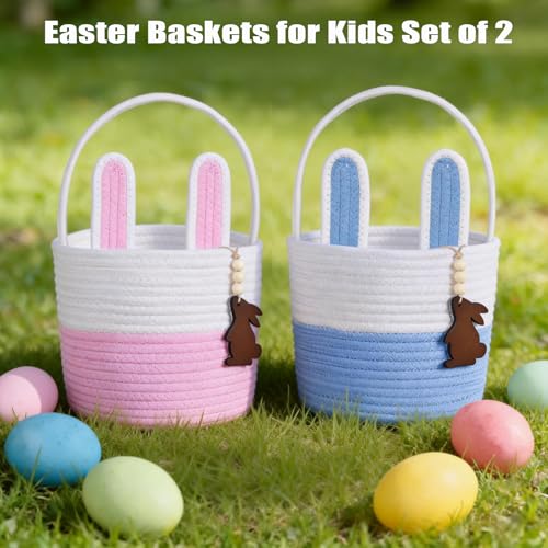 Image of Easter Basket Empty 2 PCS Bunny Woven Rope Easter Baskets for Kids Easter Hunt Baskets with Handle Bags Easter Gifts for Kids Toddlers Girls Boys Teens Set of 2 Blue and Pink