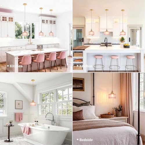 Image of Shenmoyl Pendant Light with Pink Striped Glass Lmapshade, Brass Vintage Pendant Light Adjustable Hanging Light for Kitchen Island Dining Room Hallway