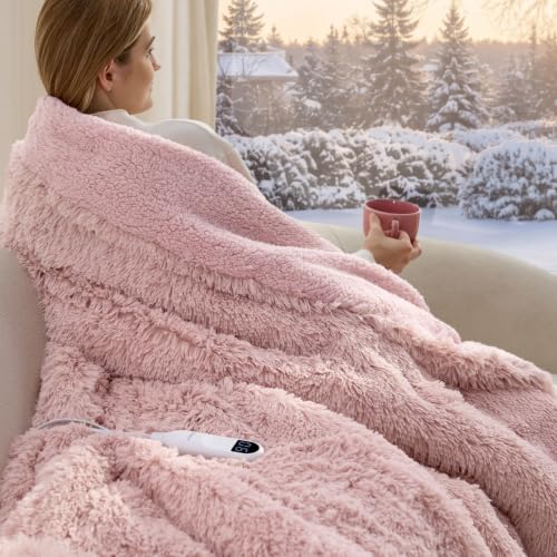 Image of Bedsure Faux Fur Heated Blanket Throw, Long-Pile Electric Blanket, Pink