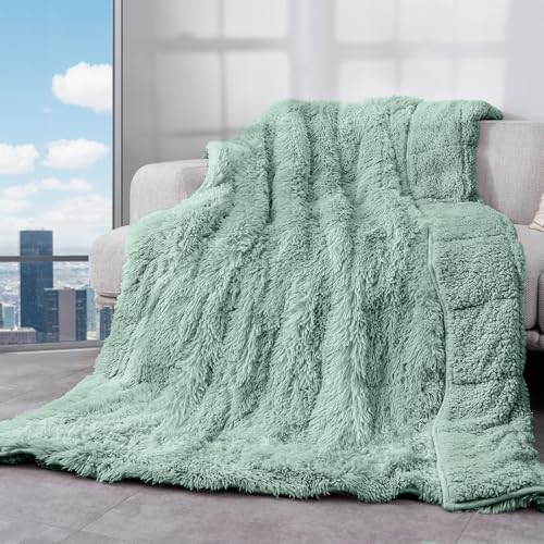 Image of Cottonblue Weighted Blanket 20lbs 60x80 inches for Queen Bed, Faux Fur Sherpa Weighted Blanket for Adults, Plush Cozy Bed Blanket with Glass Beads for Calm and Relax,Sage Green