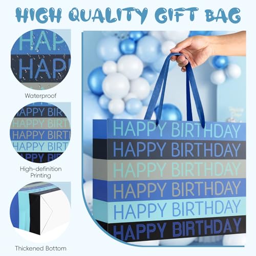 Image of JMANNI Large Happy Birthday Gift Bag with Tissue Papers and Greeting Card,Portable Paper Gift Bags with Handles,Blue Present Bags for Women Men Birthday Party Supplies13 x10.2 inchx4.7 inch(Blue Stripes)