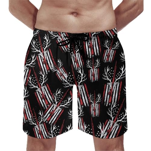 Deer Hunting U.S. Flag Mens Swim Trunks Quick Dry Beach Swimming Shorts with Mesh Lining and Pockets