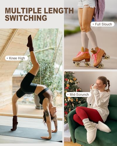 Slouch Grip Pilates Socks for Women,Grippy Socks for Yoga Barre Workout Hospital Long Scrunch Slipper Socks4