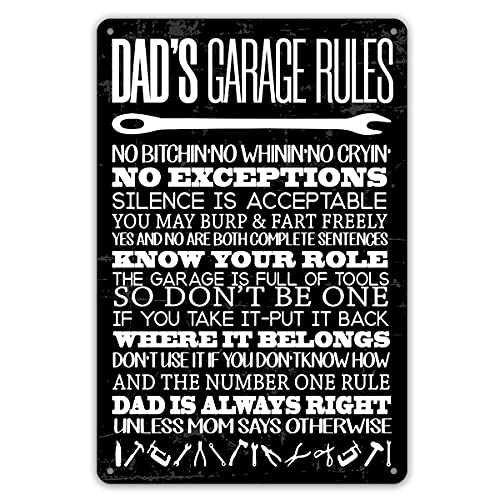 QIONGQI Funny Dad's Garage Rules Metal Tin Sign Wall decor Garage Quote Sign for Home Garage Men...