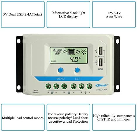 EPEVER 60A Solar Charge Controller 12V/24V Auto- Solar Charge Regulator Max 50V Input with LCD Display Dual USB Output - for Sealed(Default) / Gel/Flooded