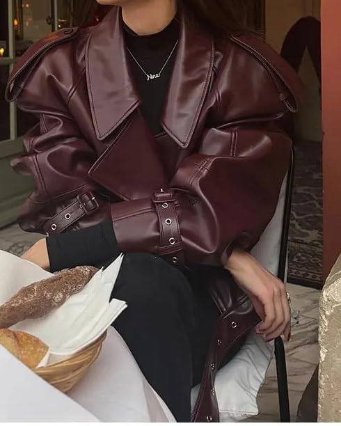 Women's Spring Streetwear Pu Lapel Fashionable Adjustable Cuffs Motorcycle Jacket3