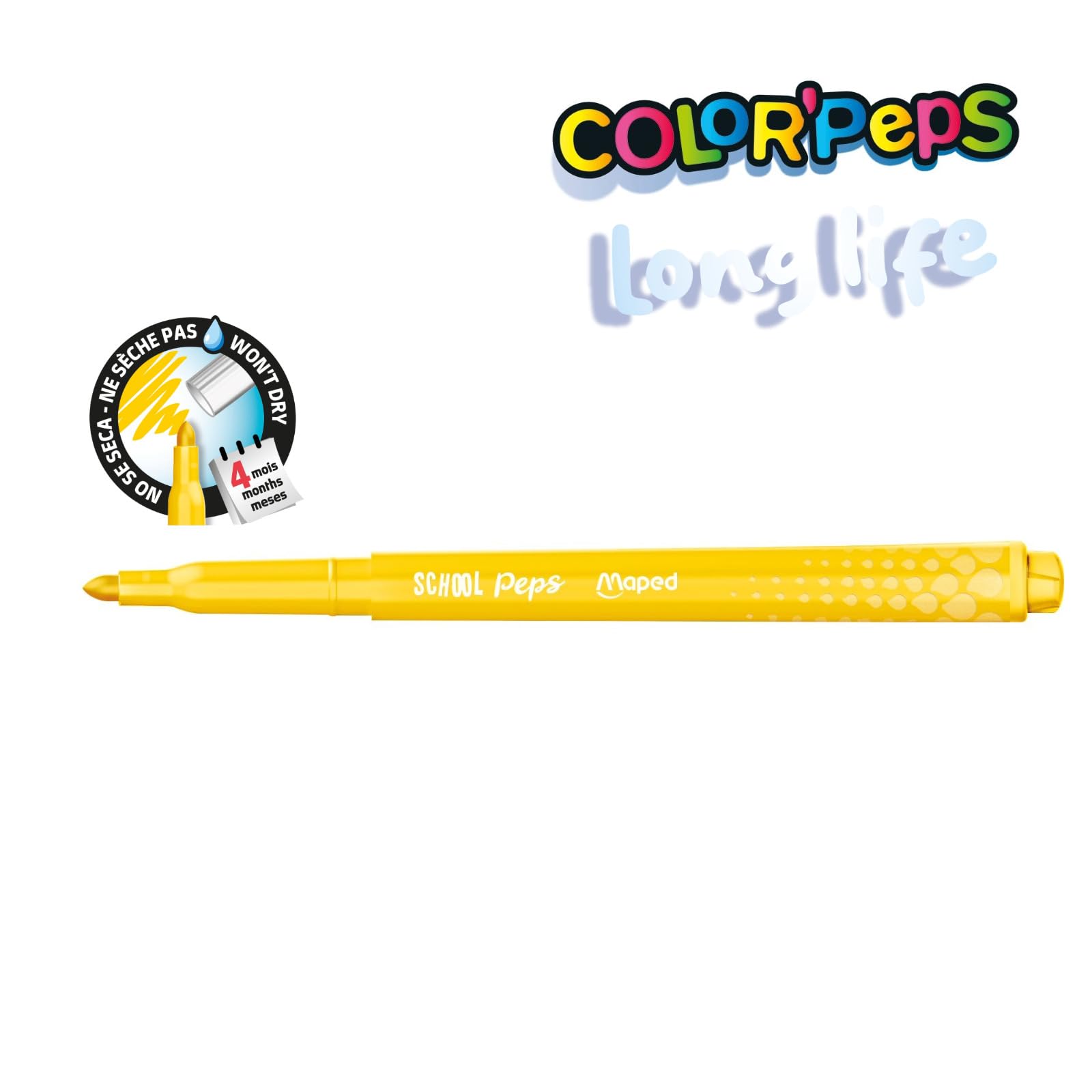 Maped - Color Pep's Long Life - zaopatrzenie szkolne - Zmywalne flamastry z super wytrzymałą zablokowaną końcówką - nie wysychają bez kapturka - Jasne kolory - Doskonałe krycie - x18