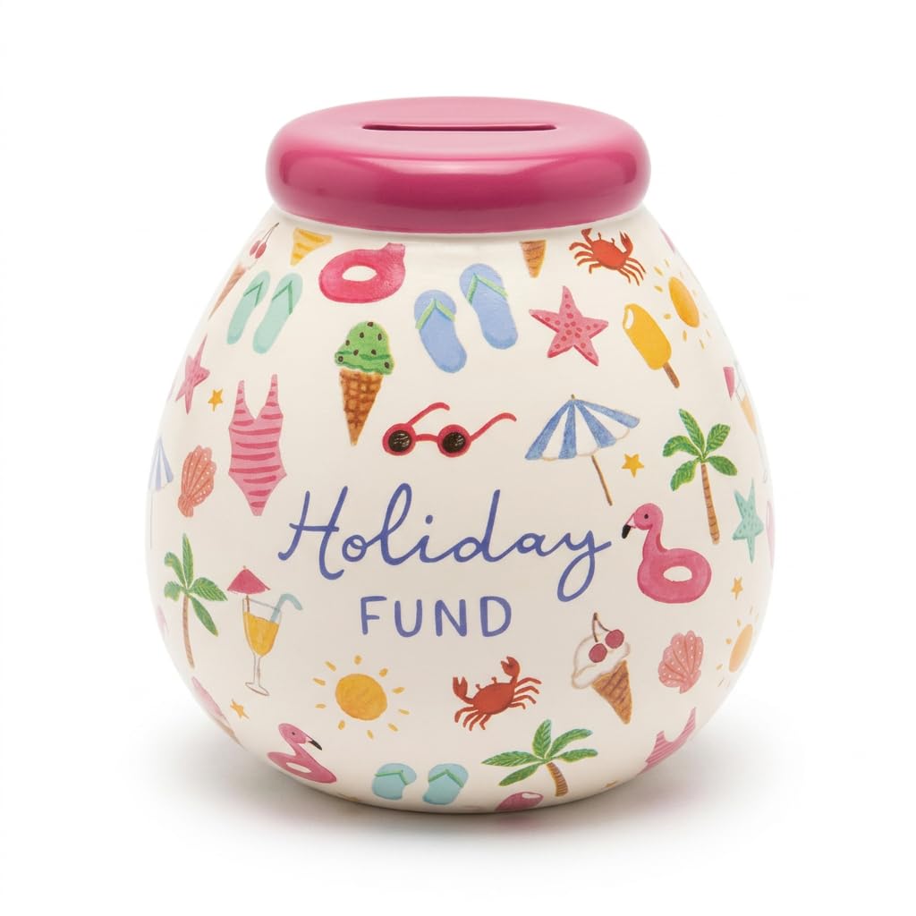 Pot of Dreams Holiday Fund Money Pot – Hand Painted Ceramic Savings Jar, Break to Open Piggy Bank, Beach Theme Coin & Note Saver Gift 15cm
