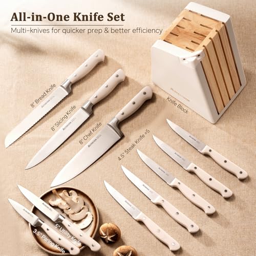 Image of Astercook Knife Set, Kitchen Knife Set with Block and Sharpener, 12 Pcs Ultra-Sharp High Carbon Stainless Steel Knife Block Set with Non-Slip Full Tang Ergonomic Handle, Cream White Cutlery Set